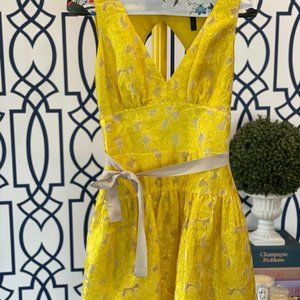 BCBG yellow brocade dress with ribbon belt